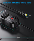 Dimensions and plug details of Universal 24W Power Adapter With 8 Selectable Plugs For LED Strips Cameras Keyboards Speakers Scales.