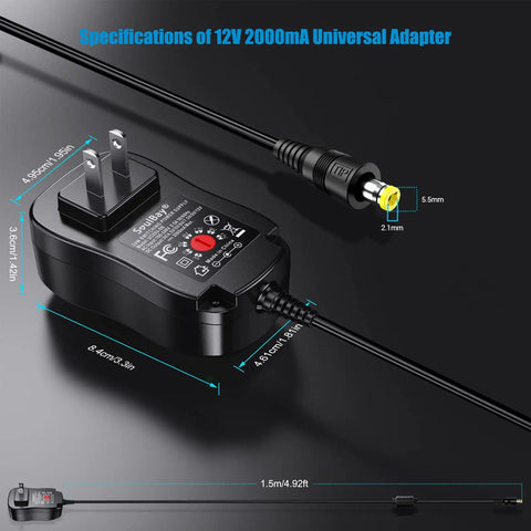 Dimensions and plug details of Universal 24W Power Adapter With 8 Selectable Plugs For LED Strips Cameras Keyboards Speakers Scales.