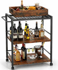 Kickback Ready Three Tier Kitchen Cart With Smooth Rollin Wheels Rustic Brown Multi Purpose Bar Serving Stand Roomy Open Shelves featuring drinks and snacks.