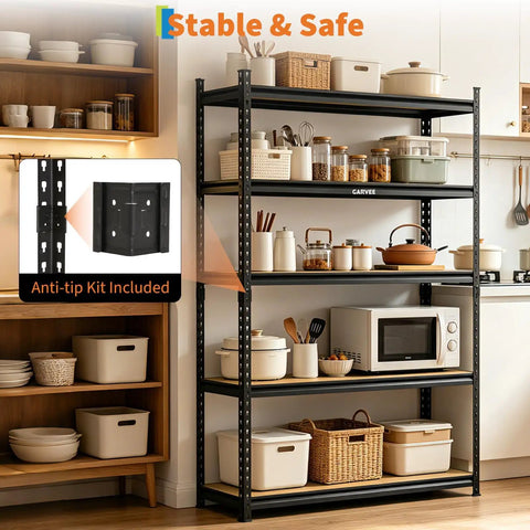 Rock Solid Five Tier Heavy Duty Storage Rack With Thick Mdf Boards And Customizable Spacing for kitchen organization.