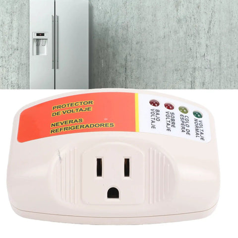 Rock Solid Voltage Surge Protector Plug Single Outlet, designed to protect fridge from brownouts, features indicator lights, easy US wall fit.