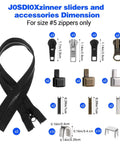 41 Piece Zipper Repair Kit Black Durable Universal Replacement Sliders For Separating Jacket Zippers With Retainer Box Top Stops Bottom Stops Great For Jackets Coats Boots Backpacks And More dimensions and parts layout.