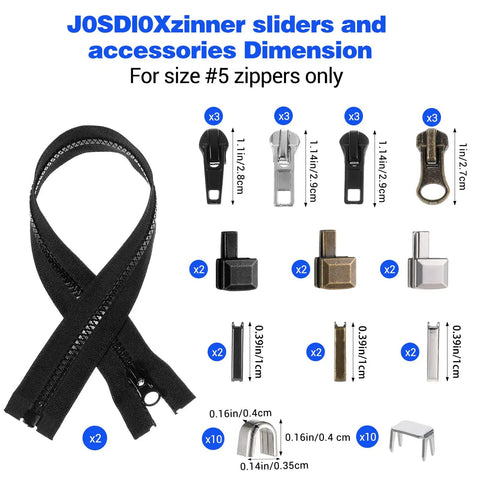 41 Piece Zipper Repair Kit Black Durable Universal Replacement Sliders For Separating Jacket Zippers With Retainer Box Top Stops Bottom Stops Great For Jackets Coats Boots Backpacks And More dimensions and parts layout.