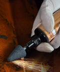 Badass Compact Pneumatic Angle Die Grinder and Knockout Air Powered Rotary Tool for Metal Shaping with grinding spark effects.
