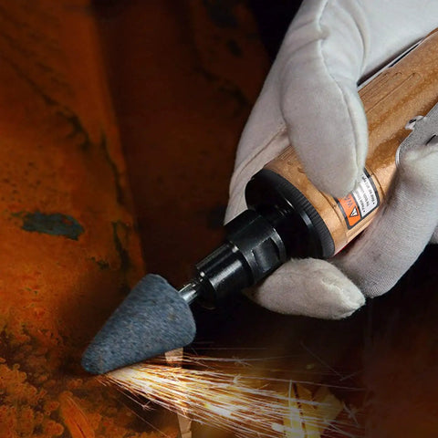 Badass Compact Pneumatic Angle Die Grinder and Knockout Air Powered Rotary Tool for Metal Shaping with grinding spark effects.