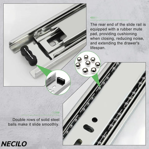 8 Inch Ball Bearing Drawer Slides 100Lb Full Extension Side Mount Pair For Heavy Duty Kitchen Cabinets And Workshop Drawers, close-up steel rail with mute pad