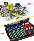 Battery Organizer Case With Built In Tester For 200 Or More Batteries AA AAA C D 9V Fireproof Waterproof Explosion Proof Vault Box Carrying Case with batteries neatly stored in labeled slots with before-and-after comparison.