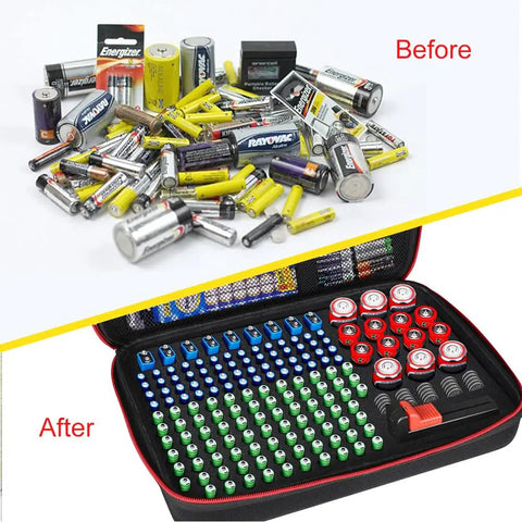 Battery Organizer Case With Built In Tester For 200 Or More Batteries AA AAA C D 9V Fireproof Waterproof Explosion Proof Vault Box Carrying Case with batteries neatly stored in labeled slots with before-and-after comparison.