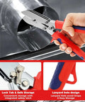 Person using the Five Blade Hand Crimper for Gutter and Sheet Metal with ergonomic handle on a galvanized steel ductwork.
