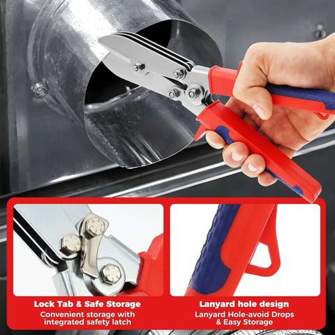 5-Blade Hand Crimper for Gutter and Sheet Metal Crimping Deep Throat Duct Crimping Tool in use on sheet metal pipe