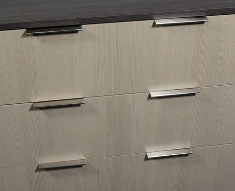 Wooden cabinet with six 6 Inch Back Mount Finger Edge Pull Handles in Brushed Nickel, showing modern upgrade with lightweight aluminum handles.