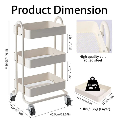 Three Tier Metal Rolling Cart With Wheels, Utility Cart On Casters For Office, Home, Kitchen Or Garden, White Finish