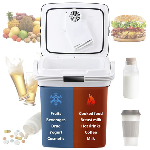 28 Quart Portable Mini Fridge And Electric Cooler Warmer For Car With 12V Dc Plug And Auto Locking Handle showing food and drink items.