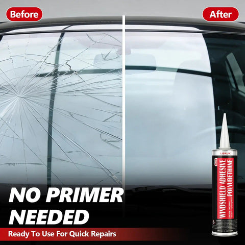 2 Pack Polyurethane Windshield Adhesive Sealant Black for Beast Bond Strength, Quick Curing, Weather Resistant Automotive Glass Glue Perfect for Vertical and Overhead Install, 310ml shown in use on a repaired windshield.