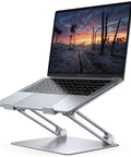 Go To Adjustable Aluminum Laptop Stand For Desk with a MacBook Pro displayed, showing its portable and foldable design.