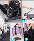 Assembly steps for Rolling Sewing Machine Bag With Five 360 Degree Rotating Wheels and Hard Bottom Pad, featuring purple fabric and YKK zipper.