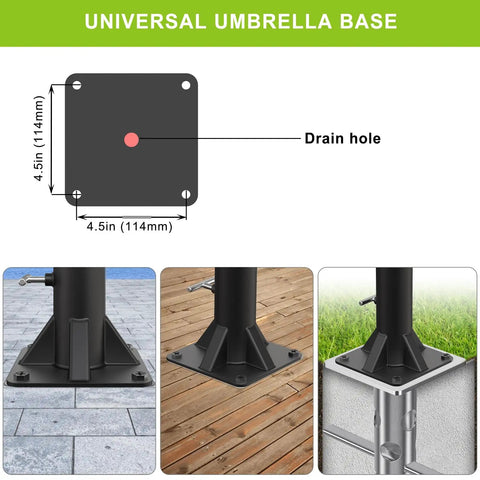 Heavy Duty Deck Mount Umbrella Holder with fully welded steel base and interchangeable plastic sleeves for 1 to 2 inch poles.