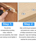 Step 1 and Step 2 for installing Straight Up Solid Cam Connectors And Lock Nuts For Cabinets Drawers And Wardrobes 12 Piece Zinc Alloy Furniture Hardware Kit.