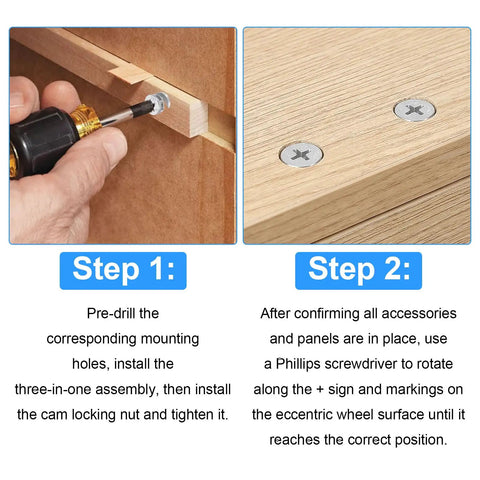 Step 1 and Step 2 for installing Straight Up Solid Cam Connectors And Lock Nuts For Cabinets Drawers And Wardrobes 12 Piece Zinc Alloy Furniture Hardware Kit.
