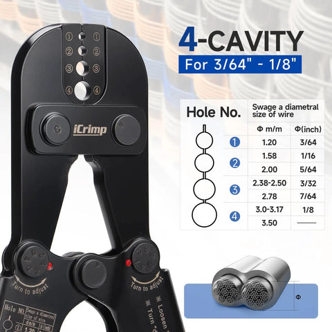Pro Grade Wire Rope Crimping Tool For Aluminum Oval And Double Sleeves, 3/64 To 1/8 Inch Crimps, 4 Position Jaw close-up view