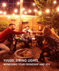 Group of friends enjoying outdoor patio under 150 ft outdoor string lights with shatterproof G40 bulbs for patio porch backyard.