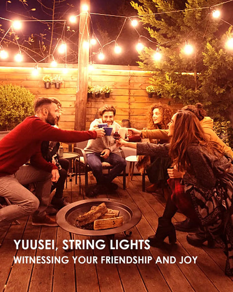 Group of friends enjoying outdoor patio under 150 ft outdoor string lights with shatterproof G40 bulbs for patio porch backyard.