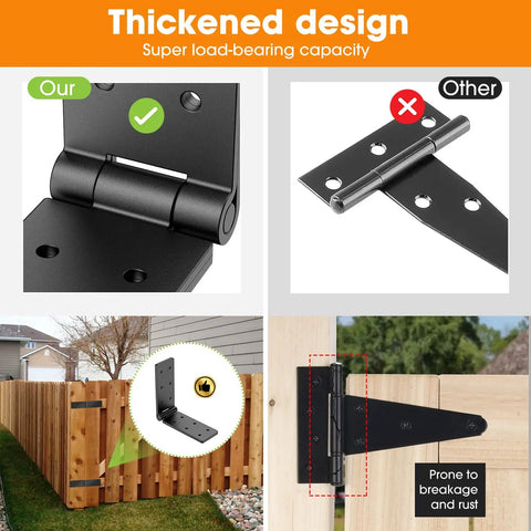 Heavy Duty Gate Hinges 270 Degrees Fully Adjustable Six Pack Black Steel side view showcasing thickened design for bifold barn doors.