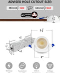 Adetu 4 Pack 2 inch 5CCT LED Gimbal Recessed Light dimensions with cutout size on a wall and light details.