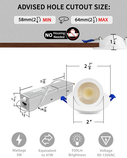 Adetu 4 Pack 2 inch 5CCT LED Gimbal Recessed Light dimensions with cutout size on a wall and light details.
