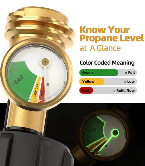Two Pack Propane Tank Gauge Level Indicator For 5 To 40 Lb LP Tanks With Universal QCC1 Type 1 Connection Color Coded Dial Reads Green Yellow Red No More Guesswork For Grilling Tailgating RV Life Heaters And More, brass gauge close-up