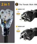 10-Foot NEMA 6-20P Extension Cord 20A 250V 12 AWG Heavy Duty With Red Indicator Light For Air Conditioners And 250V Equipment NEMA 6-20R And 6-15R T-Blade Receptacles Black connectors illustration