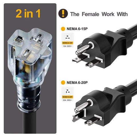 10-Foot NEMA 6-20P Extension Cord 20A 250V 12 AWG Heavy Duty With Red Indicator Light For Air Conditioners And 250V Equipment NEMA 6-20R And 6-15R T-Blade Receptacles Black connectors illustration