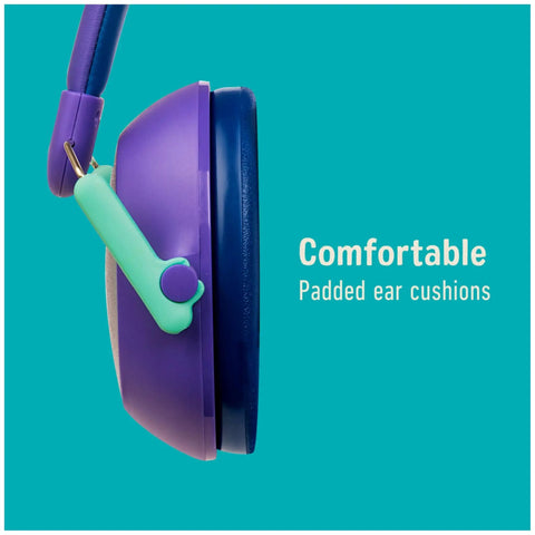Side view of Kids Hearing Protection Plus With Adjustable Headband 22dB NRR, purple earmuffs with padded cushions for comfort