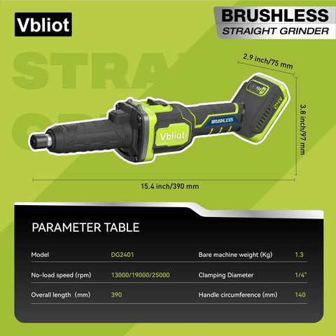 Heavy Duty Brushless Cordless Die Grinder 6mm Collet 24V 5Ah Battery displaying dimensions and specifications on a modern background.