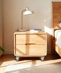 Wooden nightstand with 2 inch swivel caster wheels for furniture set of 4, heavy duty rubber casters with locking plate, near bed.