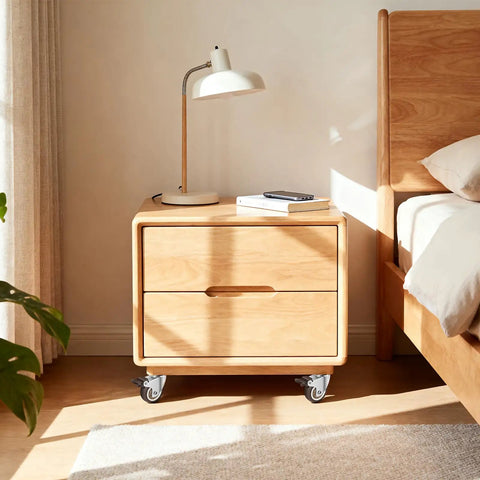 Wooden nightstand with 2 inch swivel caster wheels for furniture set of 4, heavy duty rubber casters with locking plate, near bed.