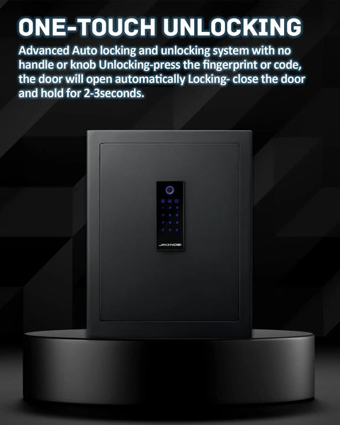 1.33 Cu Ft Biometric Safe Box With Fireproof Waterproof Document Bag displayed on a stand with one-touch unlocking feature.