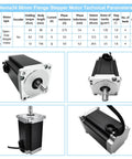 Nema34 stepper motor with technical parameters, shown in multiple views, part of 3 Axis Nema 34 Stepper Motor Kit CNC Controller.