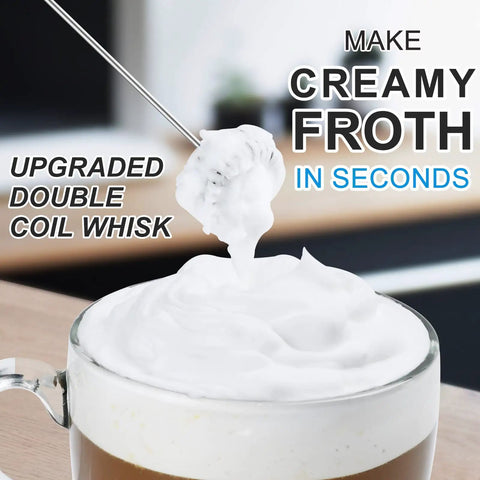 Powerful Milk Frother With Double Whisk Handheld Electric Foam Maker creating creamy froth in coffee mug.
