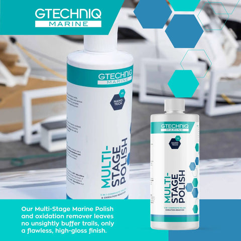 Boat Polish That Cleans Shines And Restores Gelcoat And Topcoat For Boats Fast Acting 3 In 1 Cleaner 17 Fl Oz bottle on dock