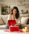 Woman opening red gift box with Upgraded USB C Rechargeable Flameless Plasma Arc Lighter With LED Display Windproof Candle Lighter