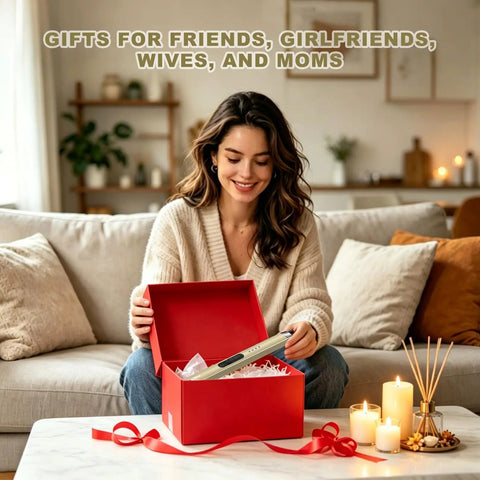 Woman opening red gift box with Upgraded USB C Rechargeable Flameless Plasma Arc Lighter With LED Display Windproof Candle Lighter