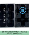 216-Cell Seed Starter Trays Set With Plant Stakes, showing 6-cell blocks with water drainage feature for moisture control.