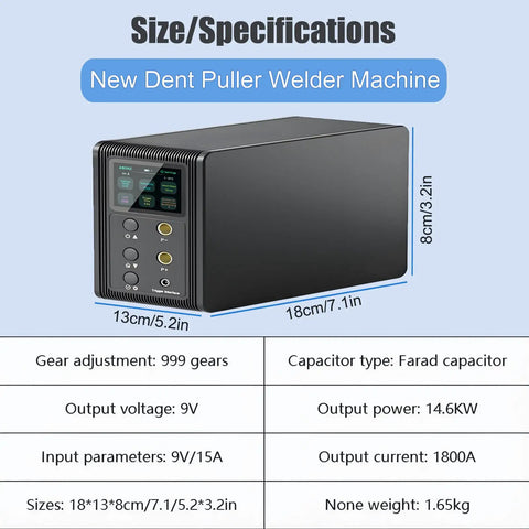Pro Battery Spot Welder With 14.6KW Capacitor Spot Welding Machine showing size and specifications chart