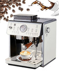 Built To Last Stainless Steel Espresso Machine With Integrated Burr Grinder, 25 Bar Pump Pressure, Auto Milk Frother, And Roomy Water Tank For Straight Fire Cafe Vibes Right At Home with a latte and coffee beans.