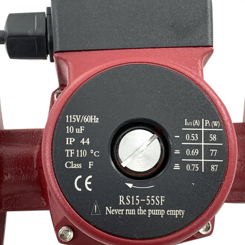 Three Speed Circulator Pump For Hot Water Hydronic Heating, One Twelfth Hp Flow Control Valve, close-up of specs and electrical info.