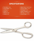 Heavy Duty Eight And A Half Inch Industrial Inlaid Poultry Shears with nickel plated handles and precision ground blades on a specification sheet.