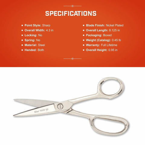 Heavy Duty Eight And A Half Inch Industrial Inlaid Poultry Shears with nickel plated handles and precision ground blades on a specification sheet.