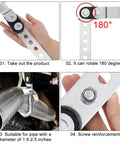Heavy Duty Exhaust Hangers 2 Pack Flexible Swivel Muffler Tail Pipe Bracket in hand, rotating hinge, and installed on pipe