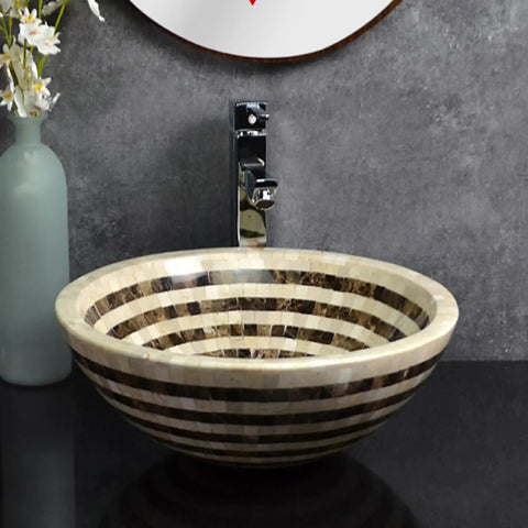 SDVantage Round Countertop Basin Sink Bowl, Ceramic Vessel Washbasin for Lavatory Bathroom, 16.5" L X 16.5" W X 5.5" H, striped design.